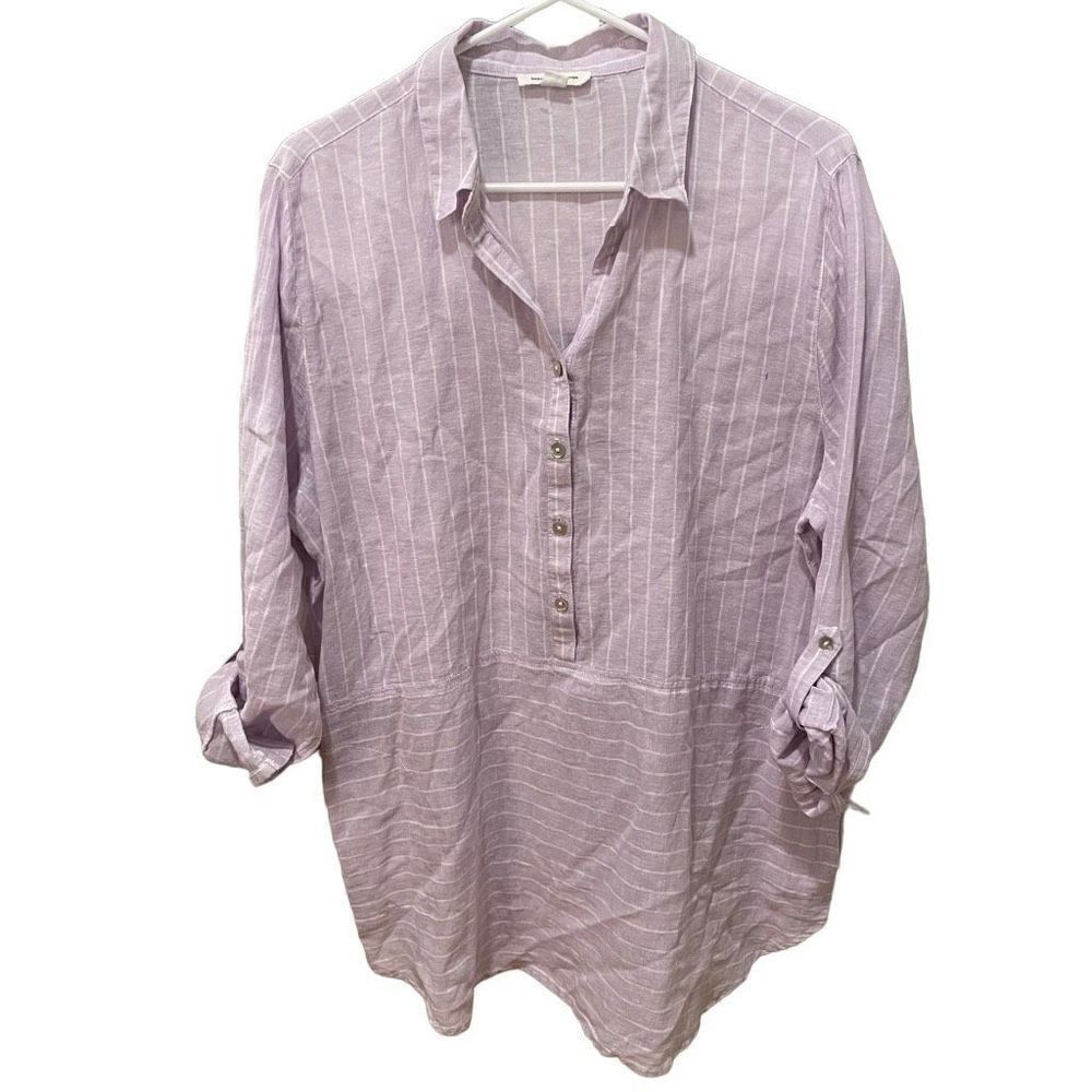 Beach Lunch Lounge Tunic Womens L Linen Blend Lilac Striped Roll-Tab Sleeves